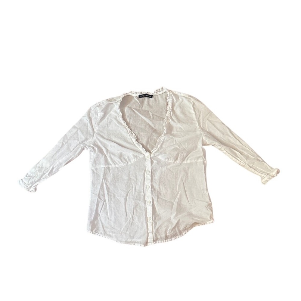 Brandy Melville Blouse Women White Ruffle V-Neck Button Front Boho SIZE OS